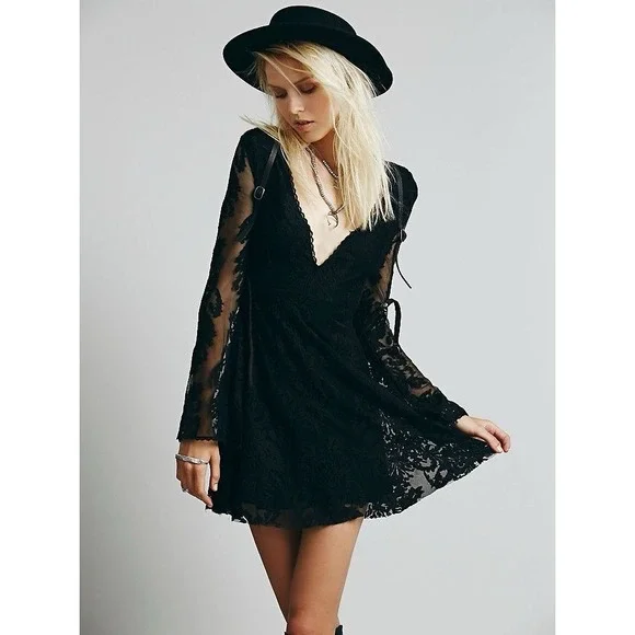 Free People Black Reign Over Me Lace Mini Flare Dress Rare ASO Elena  Gilbert TVD